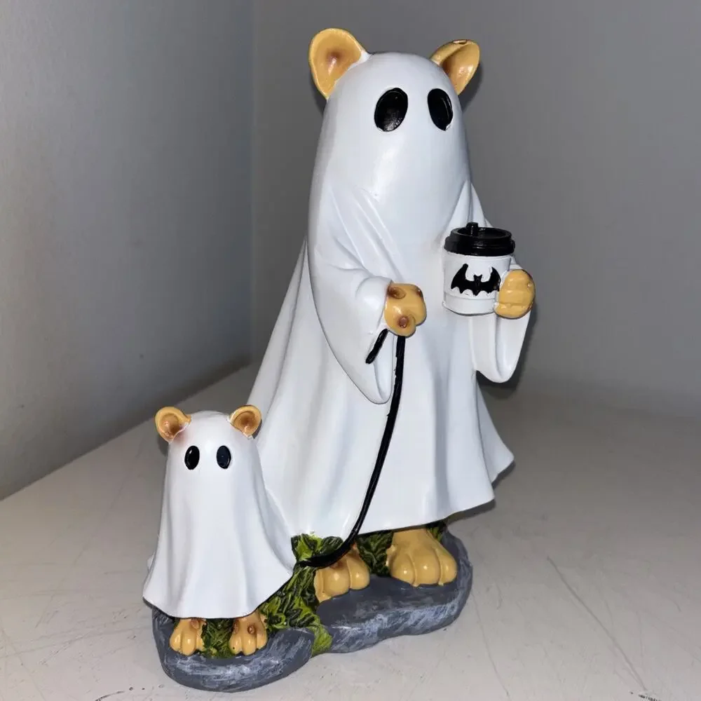 Cat Ghost Walking Dog with Coffee Halloween Figurine Cheetah Bat Spotted Tails